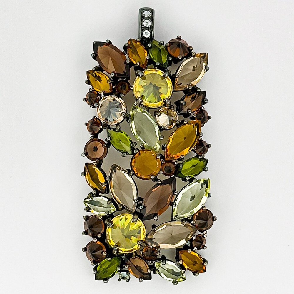 Sterling Silver Pendant | Brown Orange & Yellow Rhinestone Charm | 925